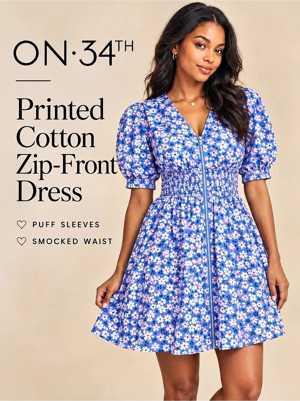 On 34th Printed Cotton Floral Zip Front Puff Sleeve Dress Blue M